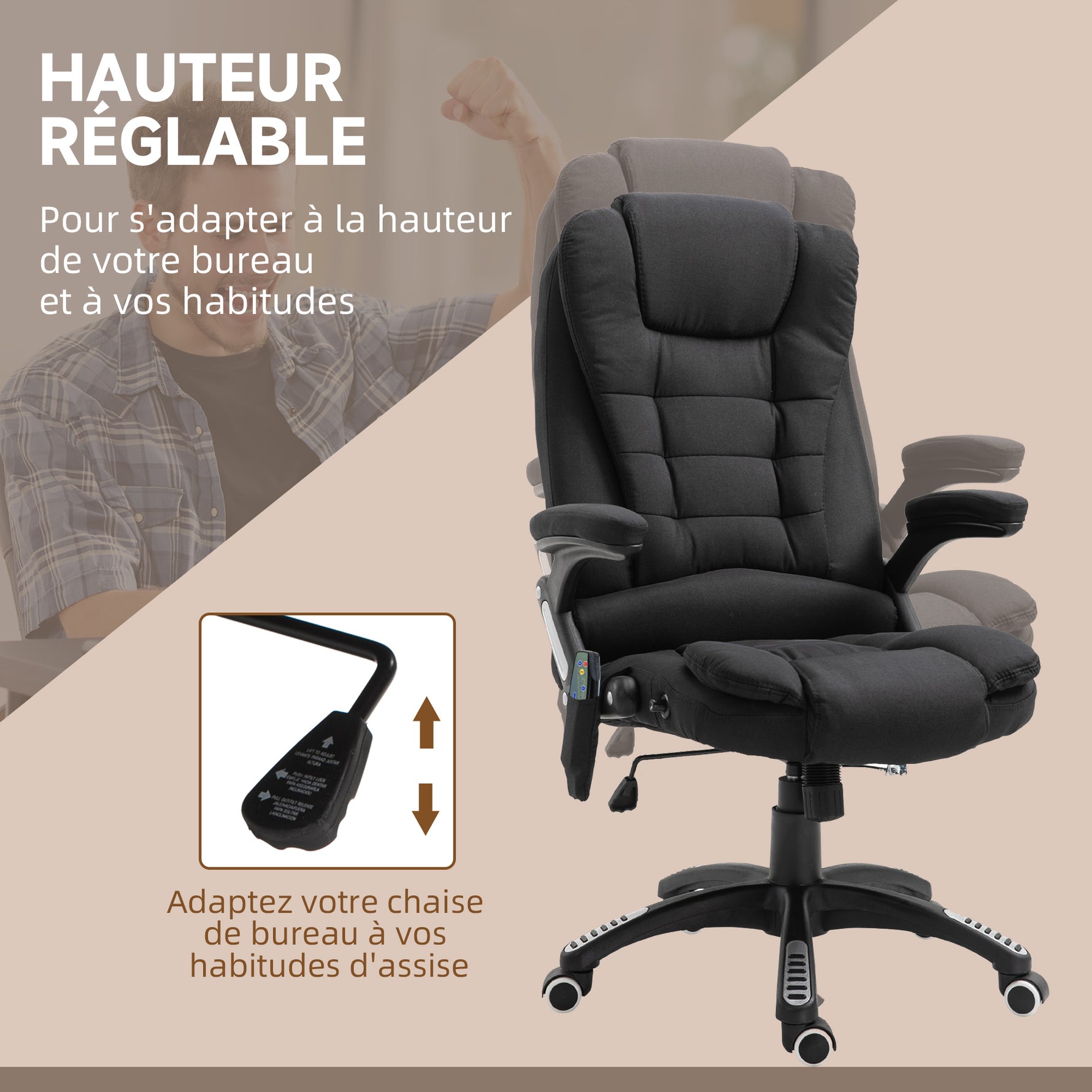 Fauteuil de bureau massant et chauffant, chaise de bureau, chaise ergonomique avec hauteur réglable, dossier