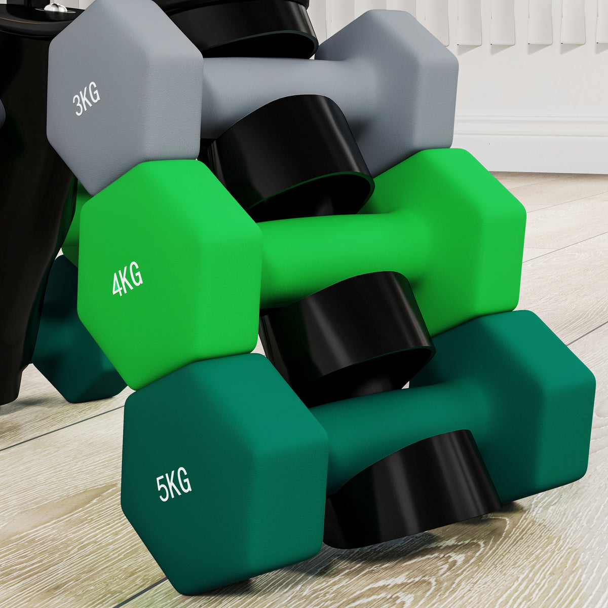 Lot d'haltères hexagonaux, haltères musculation, 2 x 3 kg, 2 x 4 kg, 2 x 5 kg, avec support convertible d'haltères