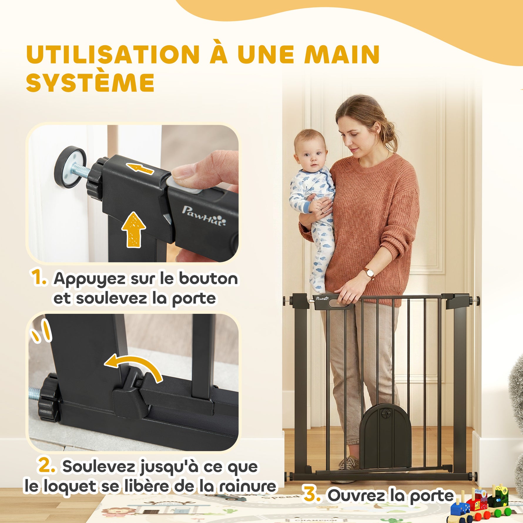 Barrière de sécurité animaux avec porte fermeture automatique système de double verrouillage, acier noir