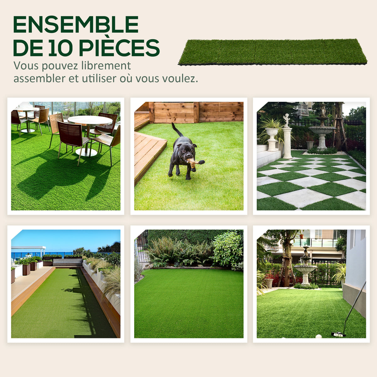 Gazon synthétique Artificiel Set de 10 Dalles Carreaux 30 x 30 cm épaisseur Confort 3 cm à emboîter Vert