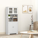 Buffet haut cuisine, armoire de cuisine, 4 portes, niches, étagères réglables, portes en verre, 60 x 30 x 145,5 cm blanc