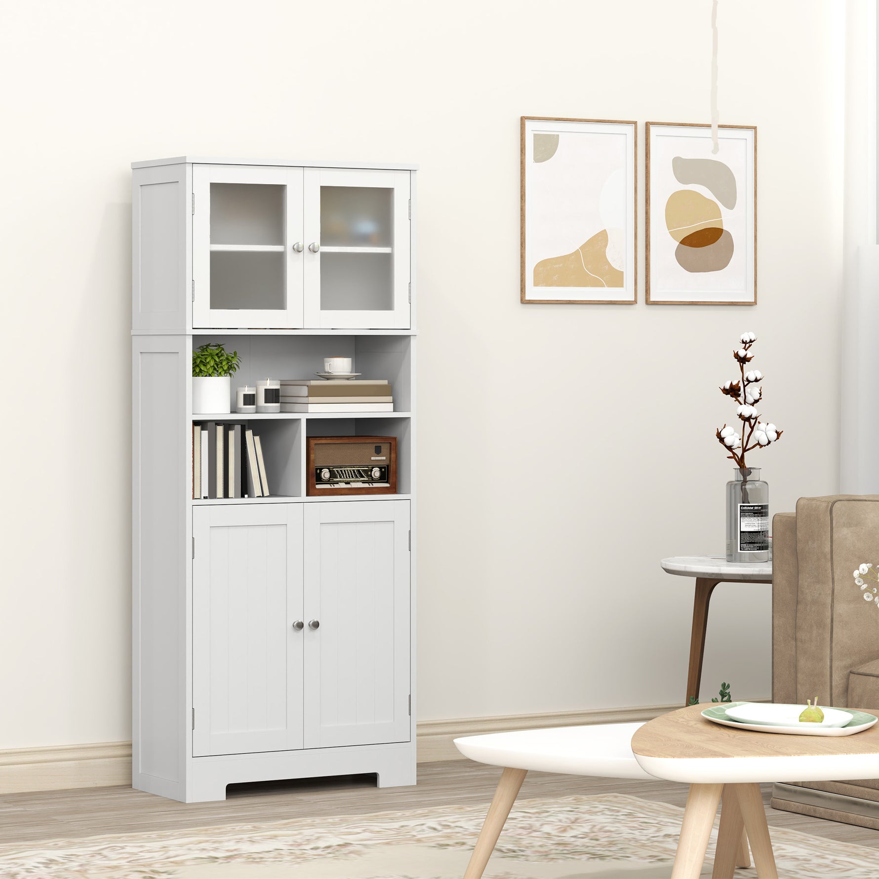 Buffet haut cuisine, armoire de cuisine, 4 portes, niches, étagères réglables, portes en verre, 60 x 30 x 145,5 cm blanc
