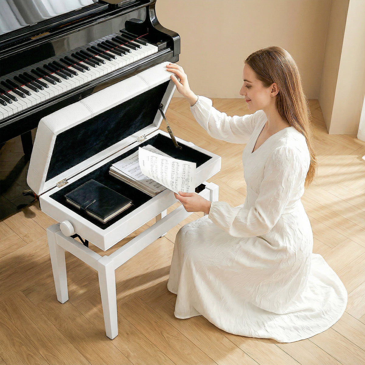 Banquette tabouret siège pour piano coffre intégré hauteur réglable bois hévéa assise revêtement synthétique blanc