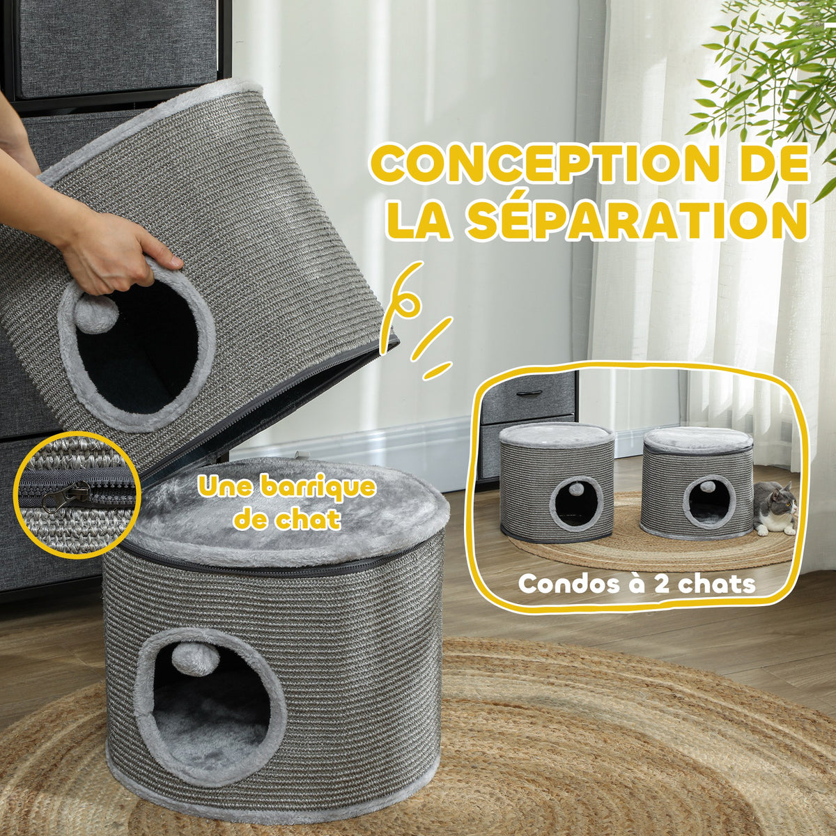 Tour pour chat modulable tonneau griffoir chat avec fermeture éclair séparable 3 niveaux deux balles Ø 42 x 69H cm gris
