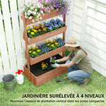 Jardinière Surélevée en Bois avec 4 Étages, avec Trous de Drainage et Doublure en Tissu, 85x45x140cm, Marron