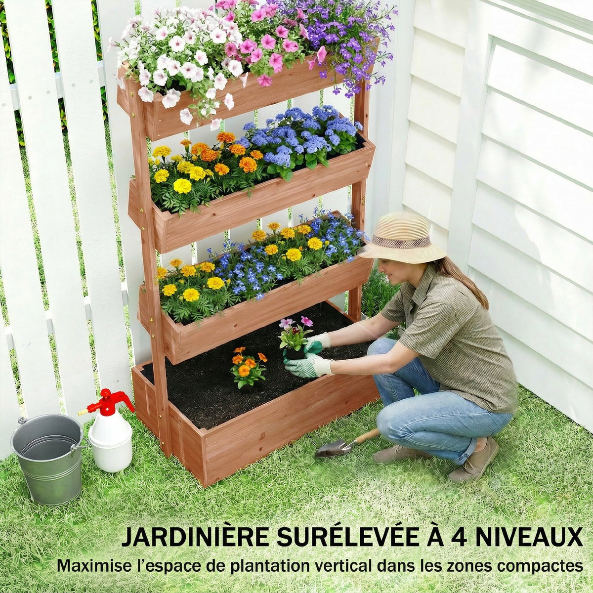Jardinière Surélevée en Bois avec 4 Étages, avec Trous de Drainage et Doublure en Tissu, 85x45x140cm, Marron