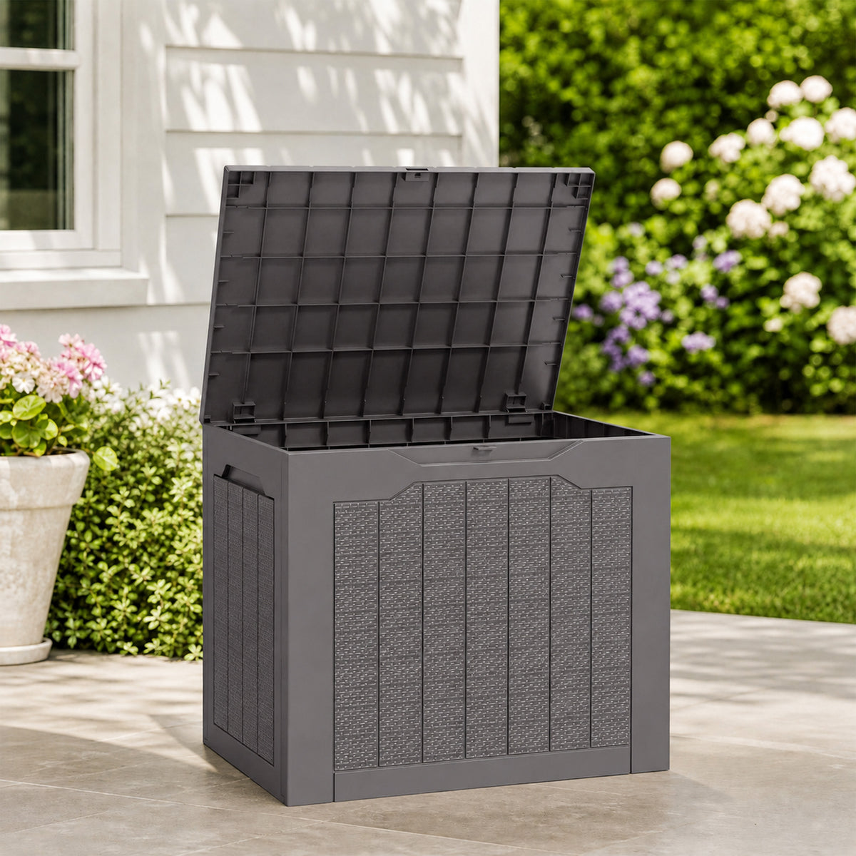 97L outdoor storage box with recessed handles, waterproof outdoor storage chest 56 x 41 x 50 cm, brown