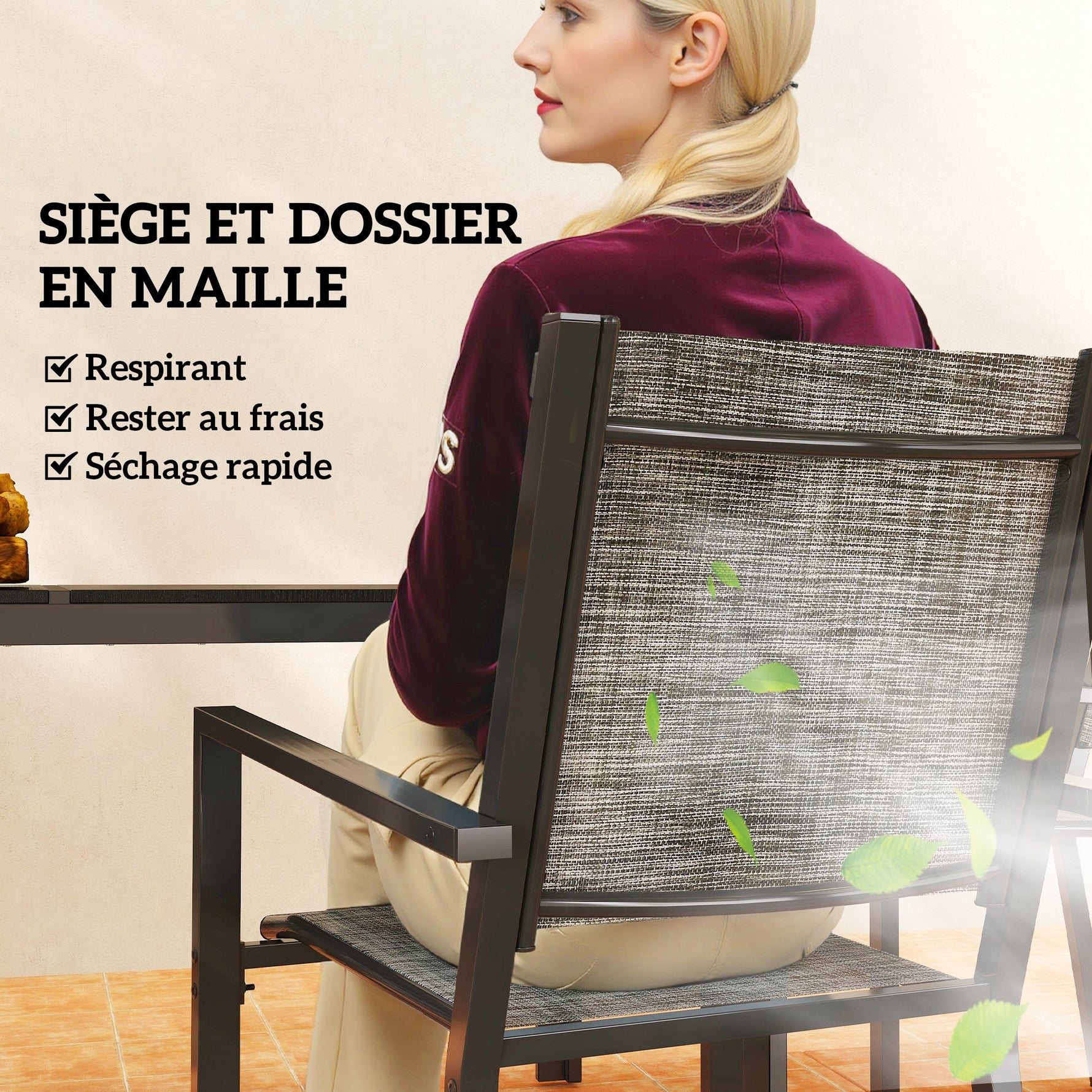 Table de jardin extérieure avec 6 chaises empilables, plateau à lattes 150 cm, structure en acier anti-rouille, noir