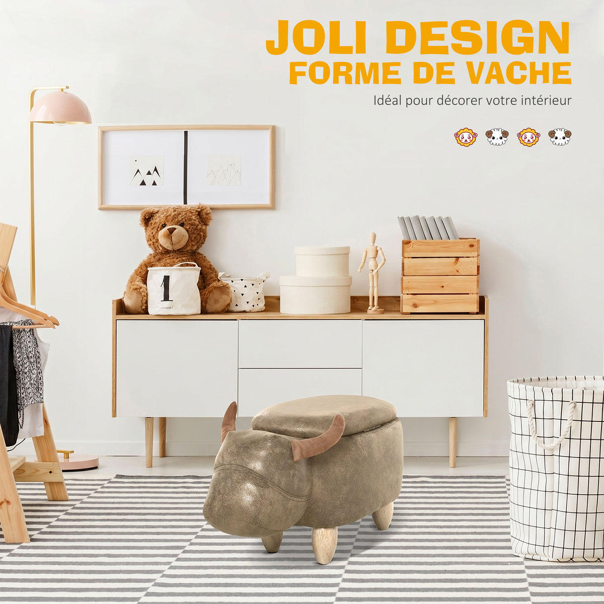 Tabouret Vache - Pouf Vachette - Pouf Taureau Coffre de Rangement 2 en 1 - Pieds Bois d'hévéa revêtement synthétique Aspect Daim Vieilli Marron