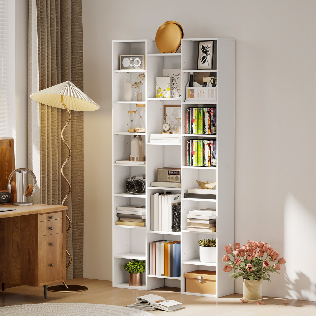 Bibliothèque, étagère à livres, étagère de rangement, 21 compartiments et 10 étagères réglables, 89,5x23,5x181cm, blanc