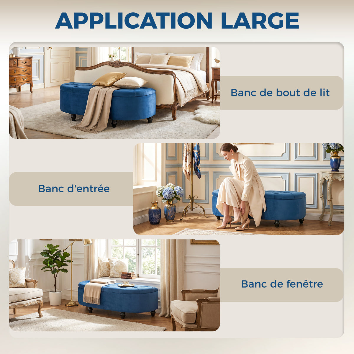 Pouf de Rangement Coffre 2 en 1 - Pouf capitonné Demi-Cercle - Pieds Bois hévéa Noir revêtement Velours Bleu
