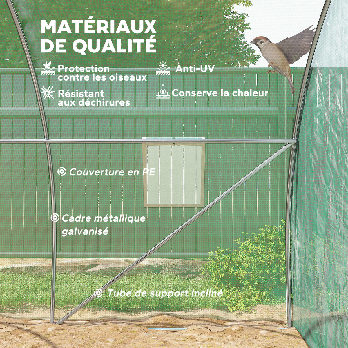Invernadero de jardín tipo túnel 9 m² 4 ventanas, puerta enrollable con cremallera, estructura de acero galvanizado, lona de PE 3 x 3 x 2 m verde