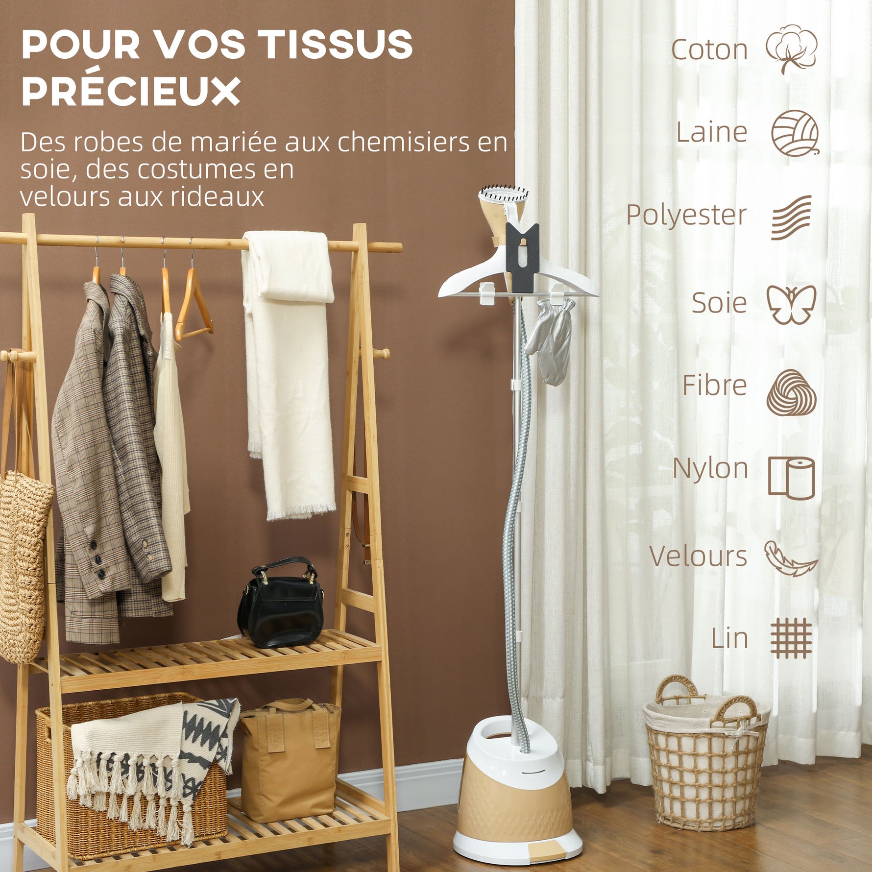 Défroisseur vapeur vertical 1800 W 36 g/min, steamer autonomie 50 min, réservoir d'eau de 1,8 L, 32 x 32 x 32 cm, or