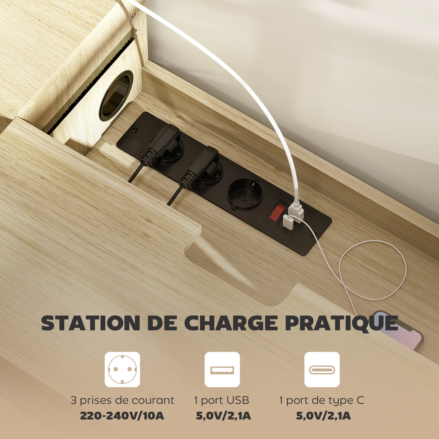 Meuble TV suspendu meuble télé pour téléviseur 50 pouces tiroir étagères passe-câbles 120x24x22,4cm effet bois naturel