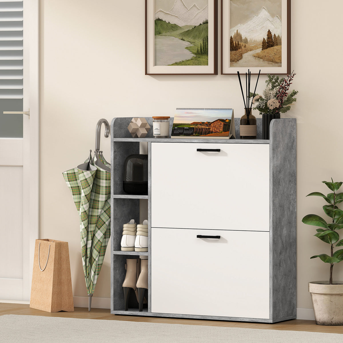 Meuble à chaussures 15 paires, armoire à chaussures moderne avec 2 tiroirs rabattables, 83x24x90,5cm, blanc et gris
