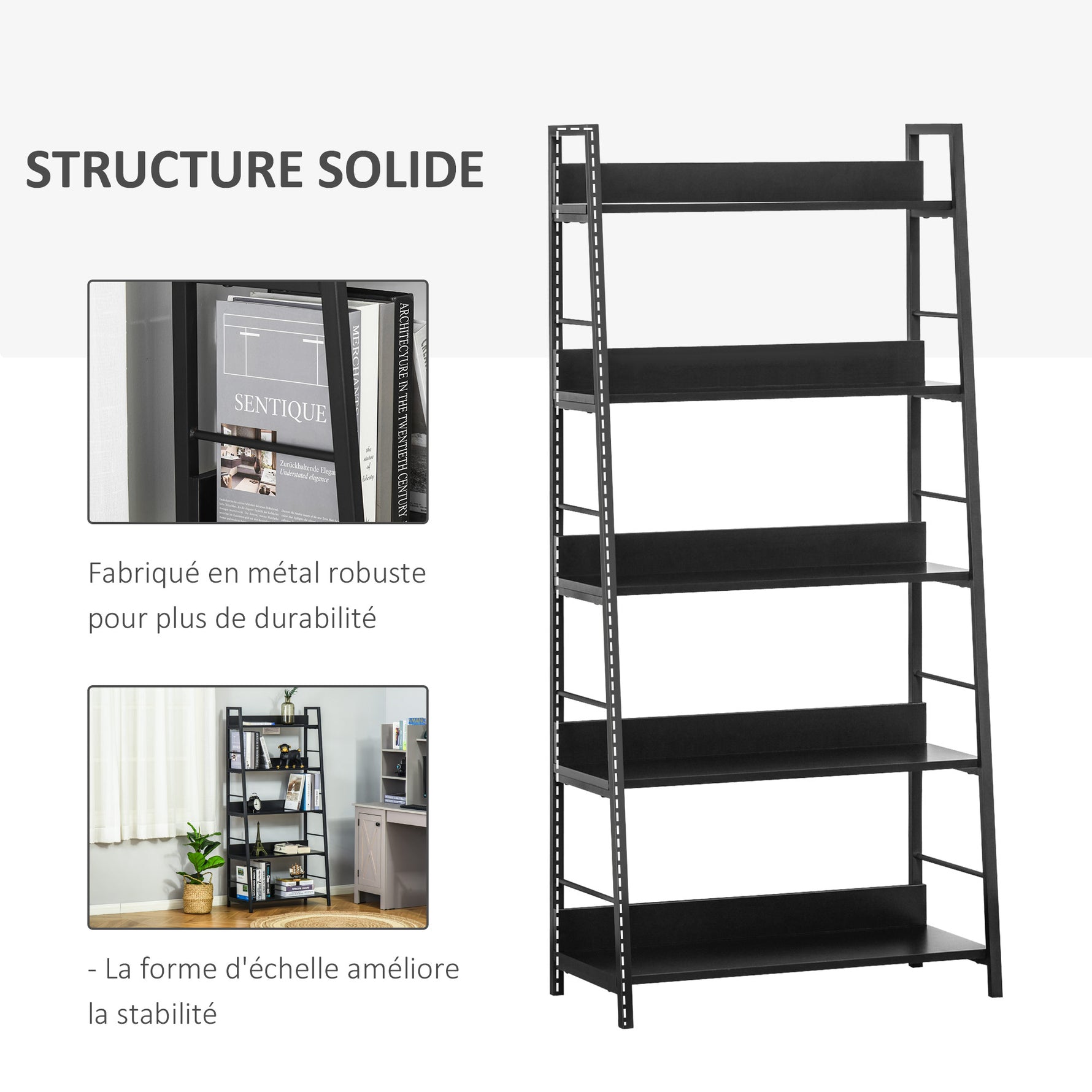 Étagère bibliothèque de Rangement Style Industriel incliné 5 Niveaux 70L x 35l x 150H cm Noir