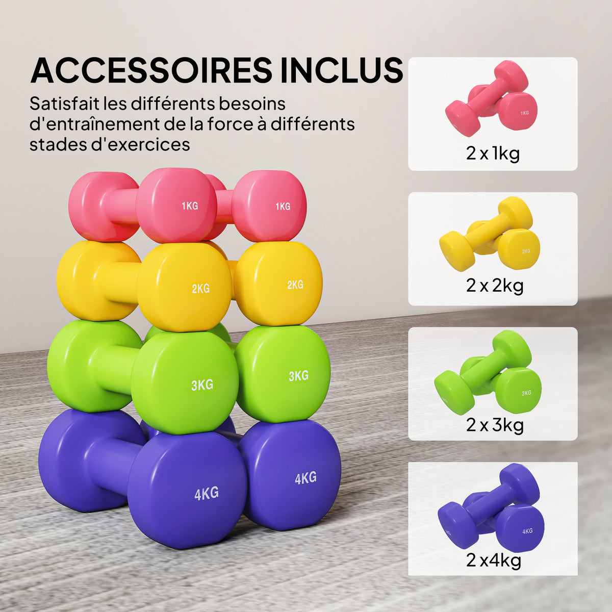 Ensemble d'haltères hexagonaux total 20 kg lot de 8 haltères courts de gym avec revêtement en polyuréthane multicolore