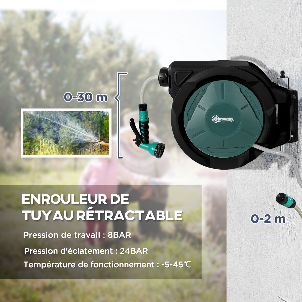 Enrouleur Tuyau Arrosage Mural 30 m x Ø 15 mm Dévidoir Automatique de Tuyaux d'Eau Rétractable Automatique vert