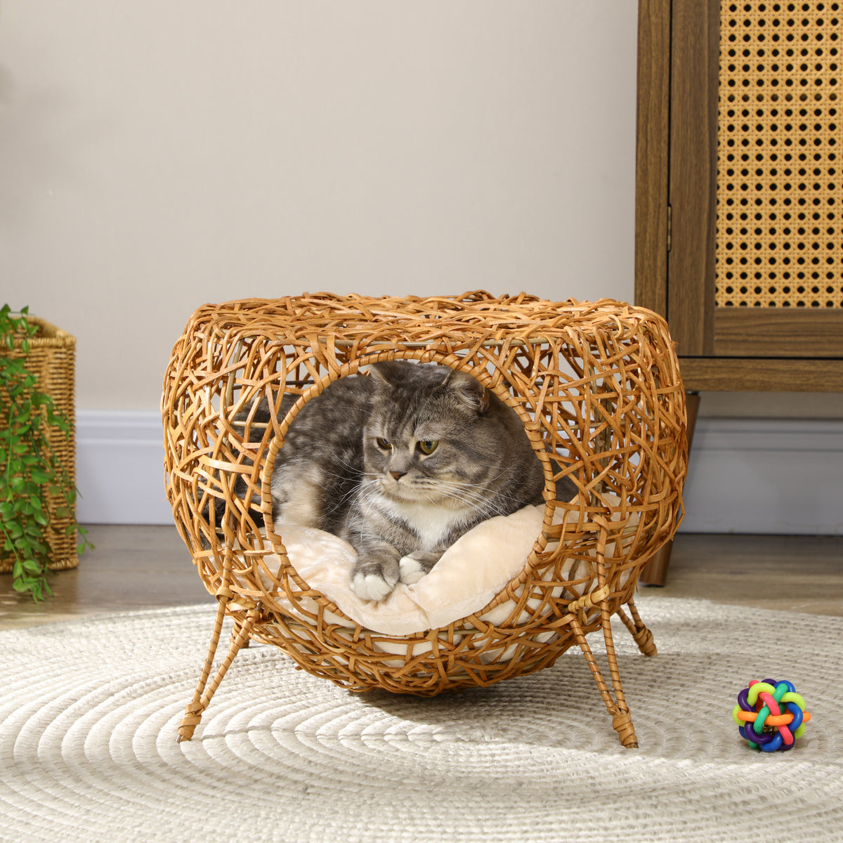 Niche pour chat lit pour chat panier chat maison de chat en rotin coussin épais Ø 40 x 32 cm marron clair