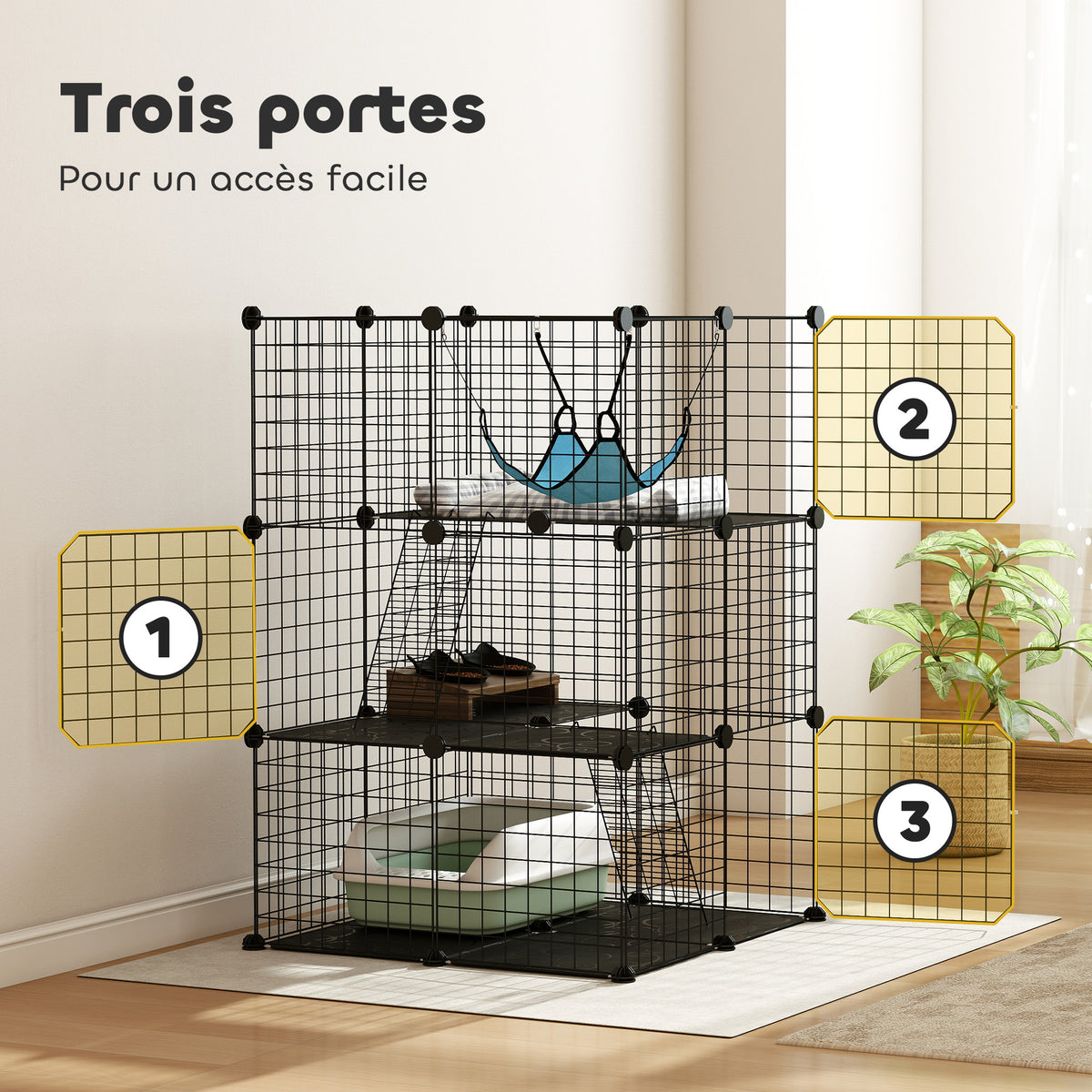 Gabbia per gatti da interno Recinto per gatti modulabile 3 porte Amaca Scaletta per piccoli animali domestici 70x70x105cm Nero