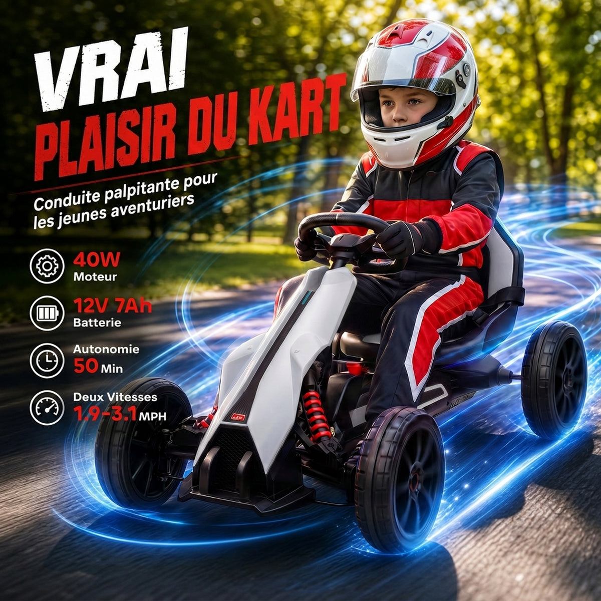 Kart électrique pour enfant 12V - Vitesse réglable 3-5km/h pour enfants de 3 à 8 ans - siège réglable - blanc
