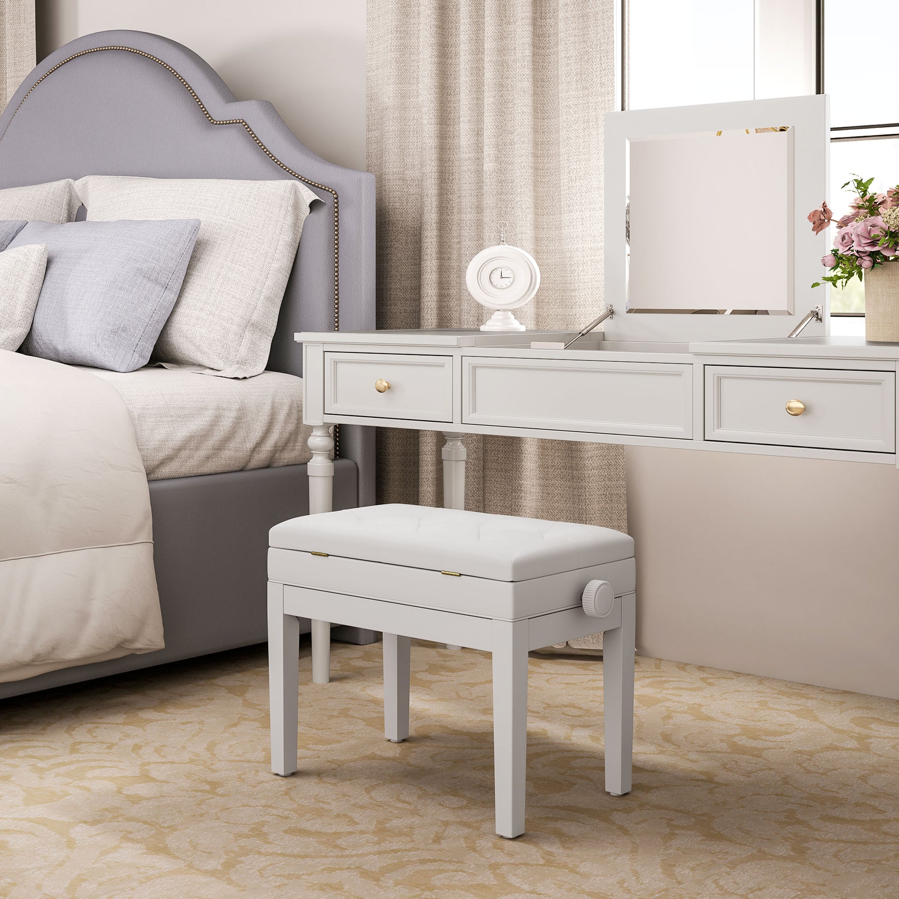 Banc de piano, banc de clavier réglable en hauteur en bois massif, compartiment de rangement, 55 x 33 x 48-58 cm blanc