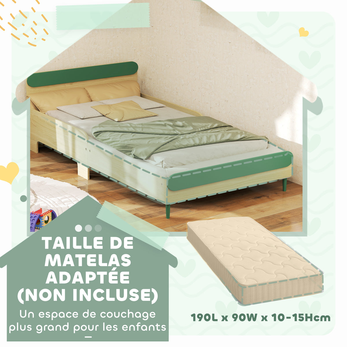 Cama infantil, cama de suelo para niños de 3 a 10 años con barrera de seguridad, somier de láminas incluido, verde