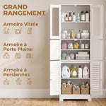Meuble de salle de bain haut, meuble de rangement avec 6 portes dont 2 vitrées et 2 persiennes, étagère réglable, blanc