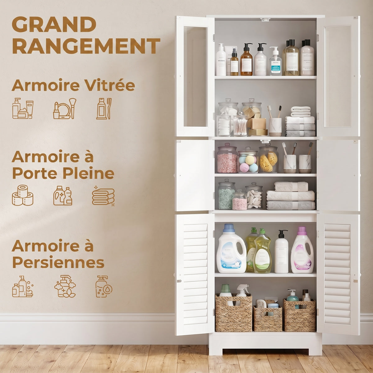 Meuble de salle de bain haut, meuble de rangement avec 6 portes dont 2 vitrées et 2 persiennes, étagère réglable, blanc