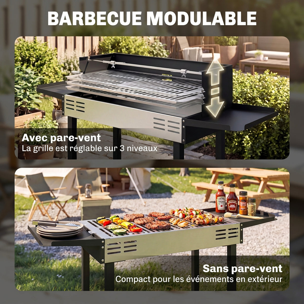 Barbecue charbon de bois BBQ avec grille de gril à 3 niveaux et étagères latérales pliables, 118 x 32 x 90 cm, noir