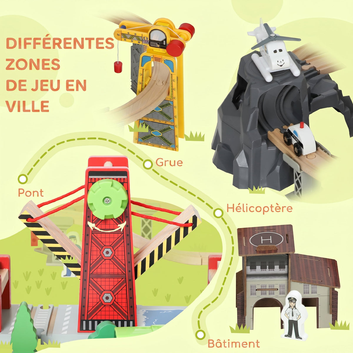 Set de Train en Bois pour Enfants, 100 Pièces, Jouets Ferroviaire Magnétique avec Grue, Pont, Hélicoptère, Multicolore