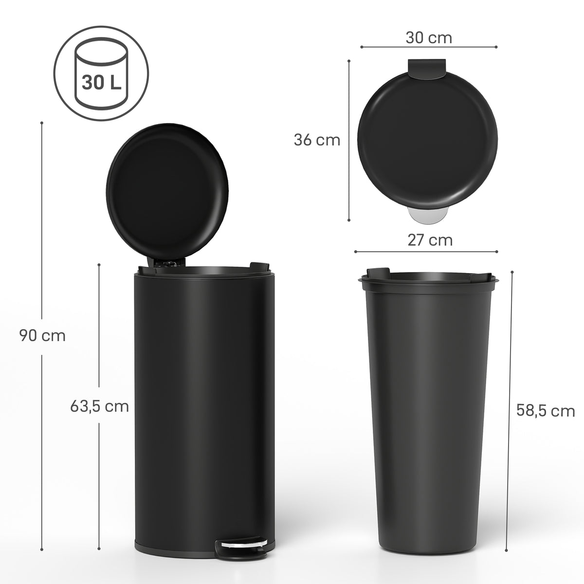 Poubelle de Cuisine 30 L en Métal, Poubelle à Pédale avec Couvercle à Fermeture Douce et Seau Amovible, Noir