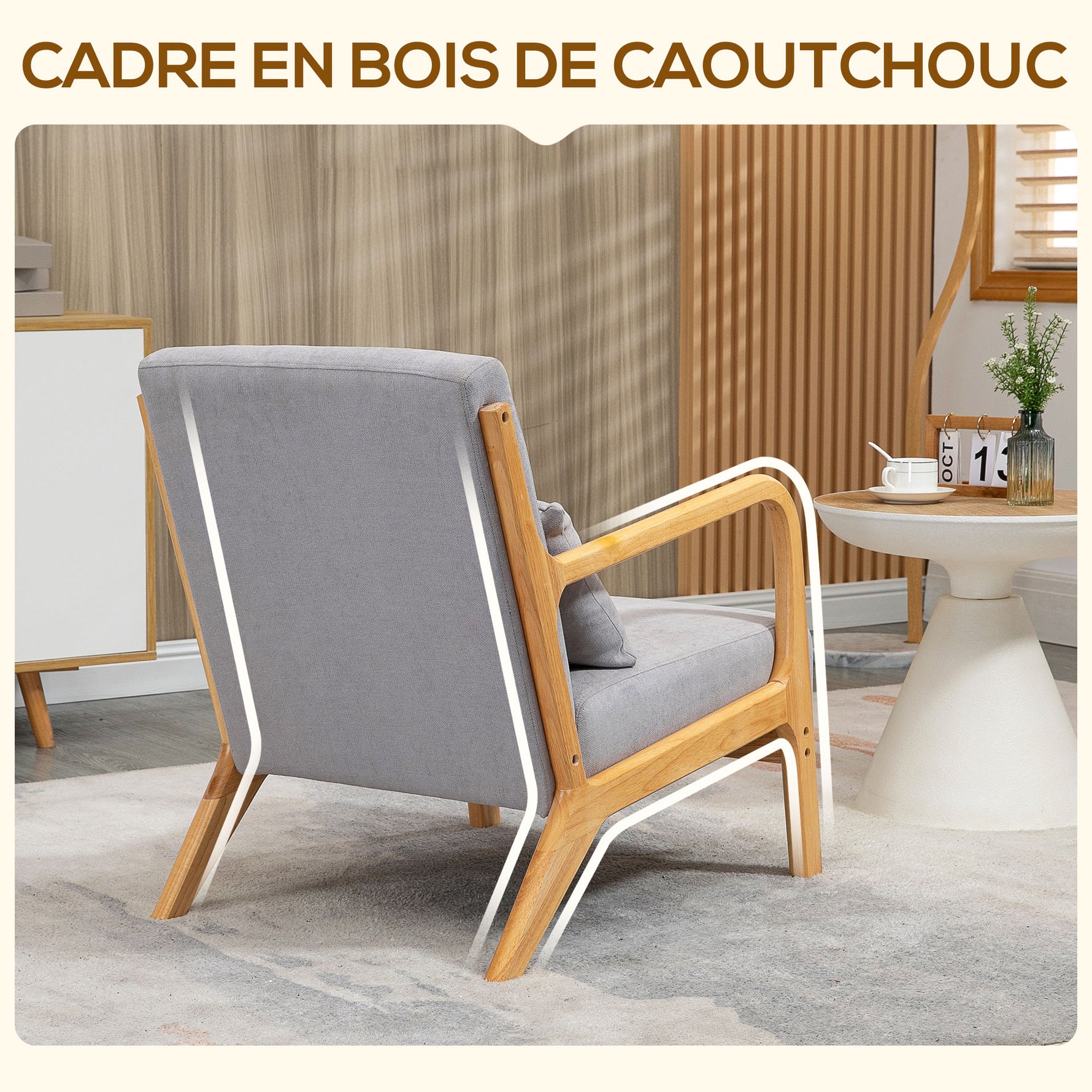 Fauteuil lounge - 3 coussins inclus - assise profonde - accoudoirs - structure bois hévéa - velours givré gris
