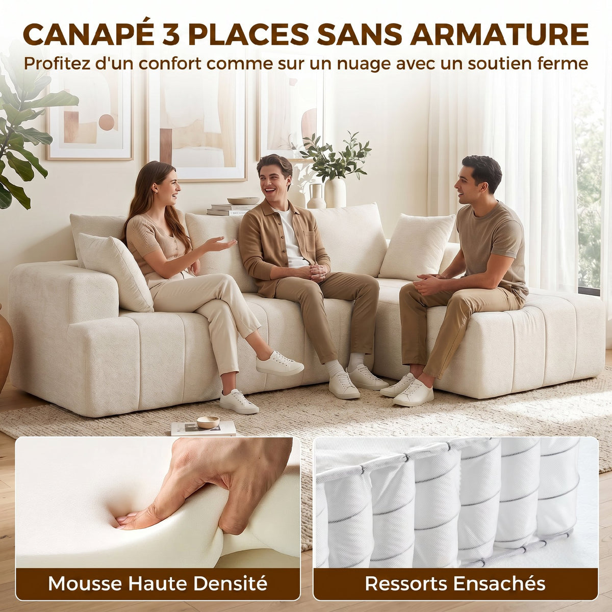 Canapé d'angle 256 cm avec méridienne, canapé-lit 3 places en chenille forme de L, assise et accoudoirs larges, beige