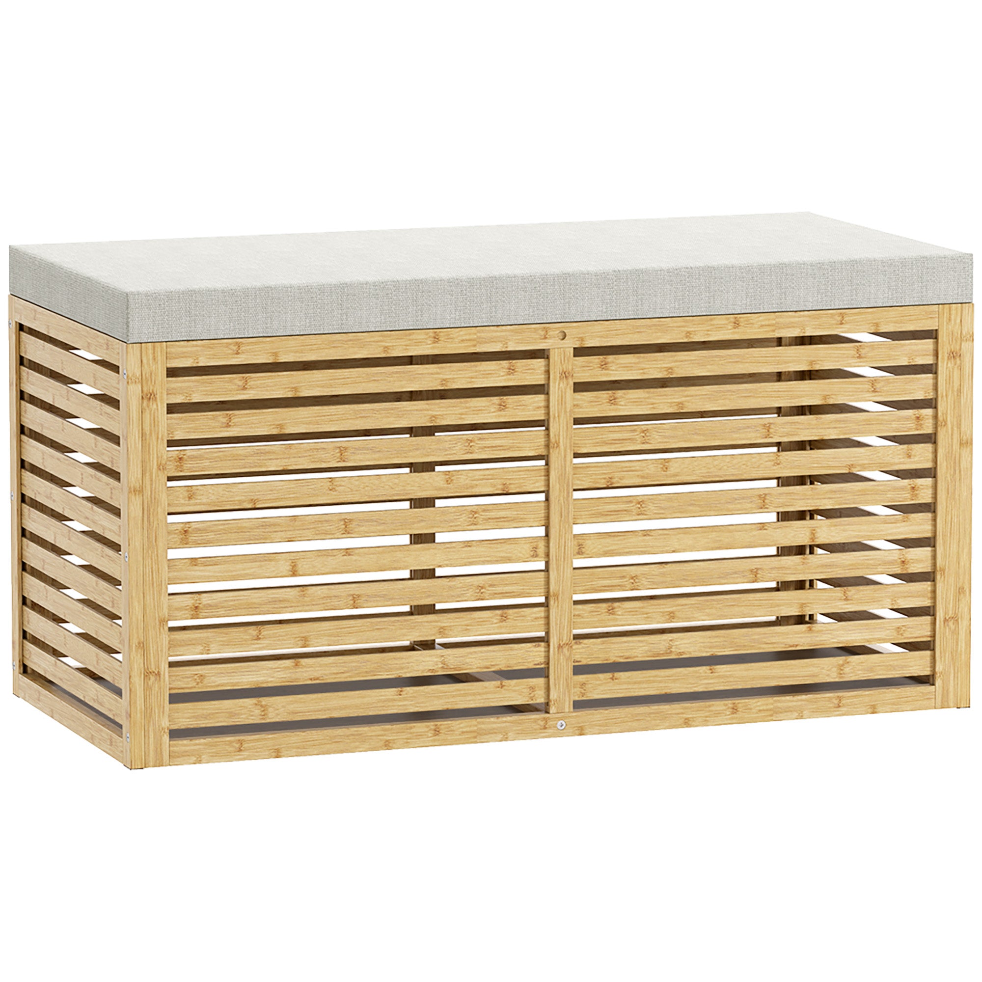 Panca contenitore, baule imbottito in tessuto effetto lino, coperchio e struttura in bambù, grigio e naturale