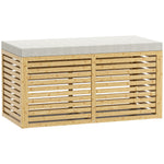 Panca contenitore, baule imbottito in tessuto effetto lino, coperchio e struttura in bambù, grigio e naturale