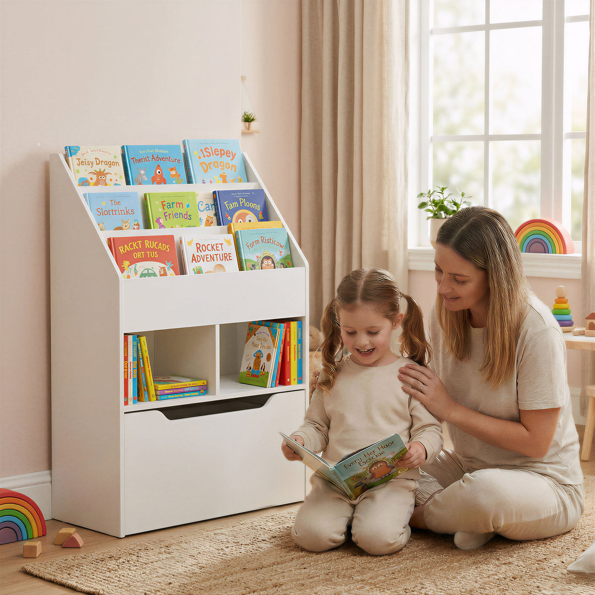 Boekenkast met opbergruimte, 3 planken, 2 nissen, grote lade, hout, wit