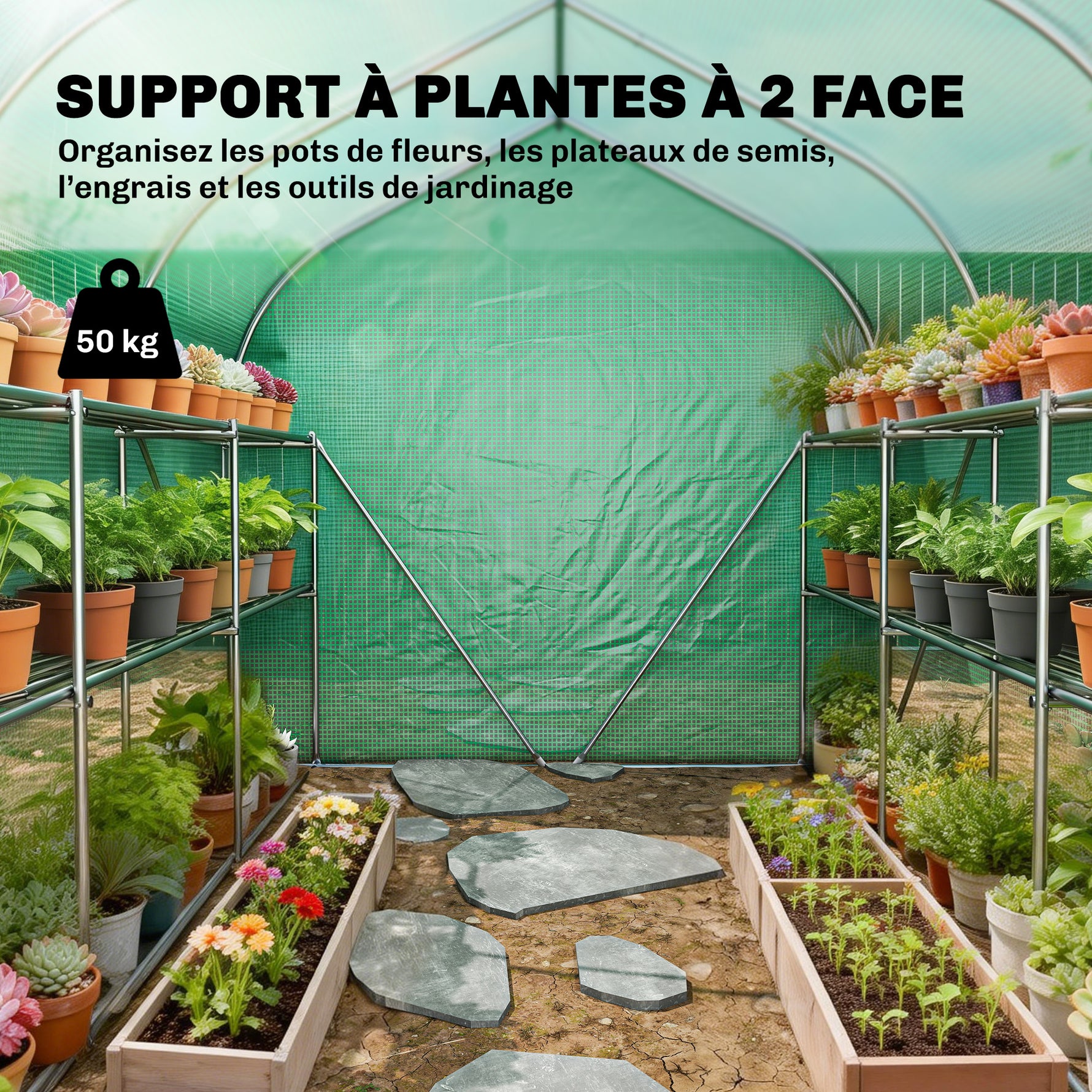 Serre tunnel de jardin 6m², serre de jardin avec étagères, porte et 6 fenêtres, cadre en acier galvanisé, vert