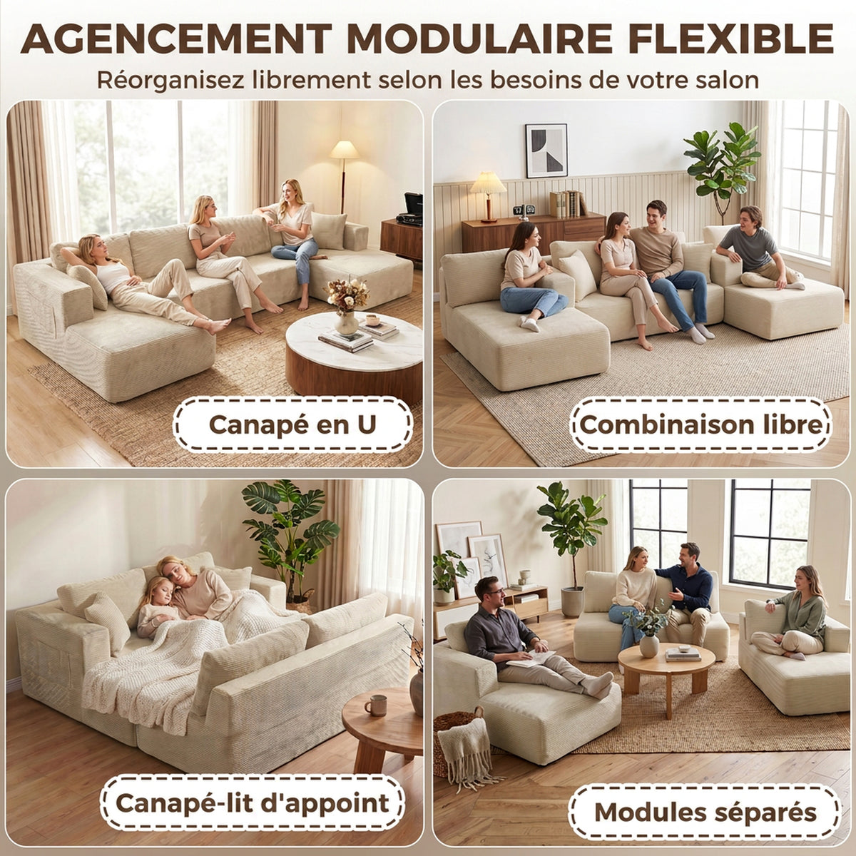 Canapé Modulaire en U Compressé 337 cm, Canapé Convertible 4 places en Velours Côtelé, Assise Large, Crème