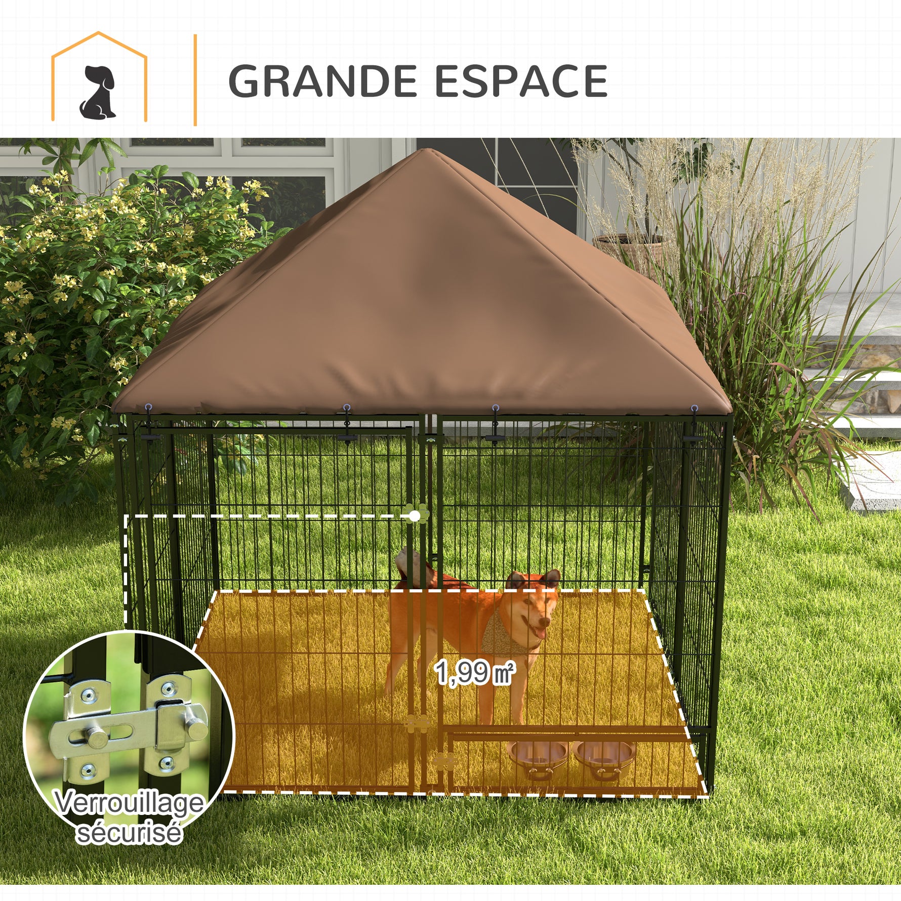 Chenil extérieur pour Chiens en métal et Tissu Oxford Support gamelle et Toit résistant aux intempéries Espace spacieux