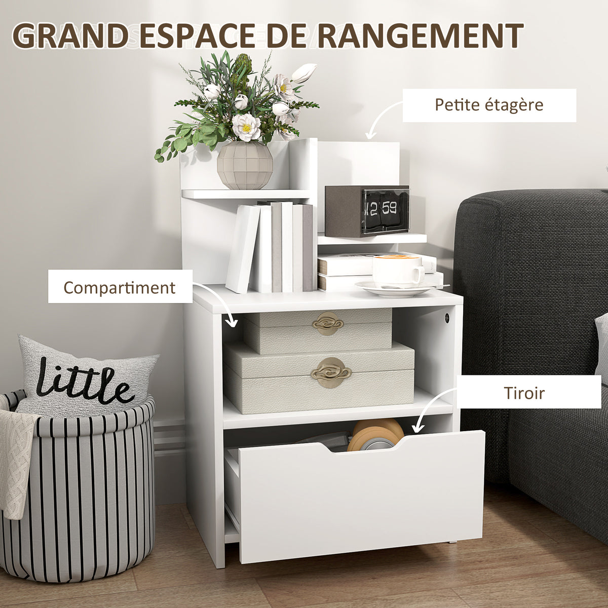 Comodino con cassetto, nicchia e ripiani portaoggetti effetto legno 45 x 35 x 73 cm bianco