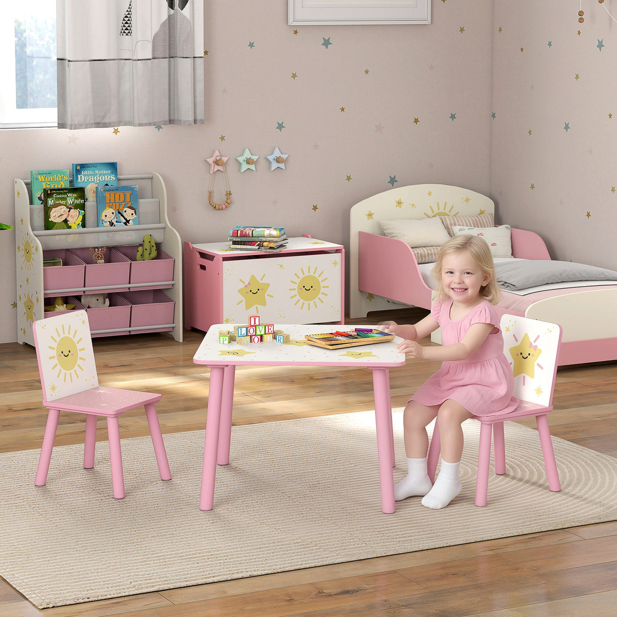 Mesa infantil con silla, juego de mesa y 2 sillas infantiles de madera, motivos de estrellas, 60 x 60 x 44 cm, rosa