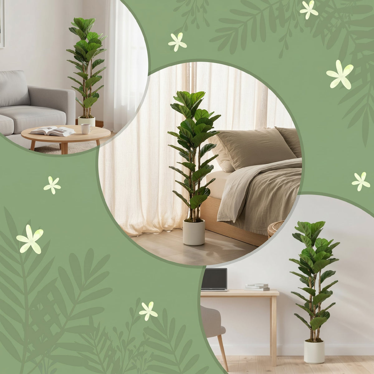 Lot de 2 plantes artificielles 120 cm Figuier lyre arbre artificiel avec pot en plastique et tronc en bois massif, vert