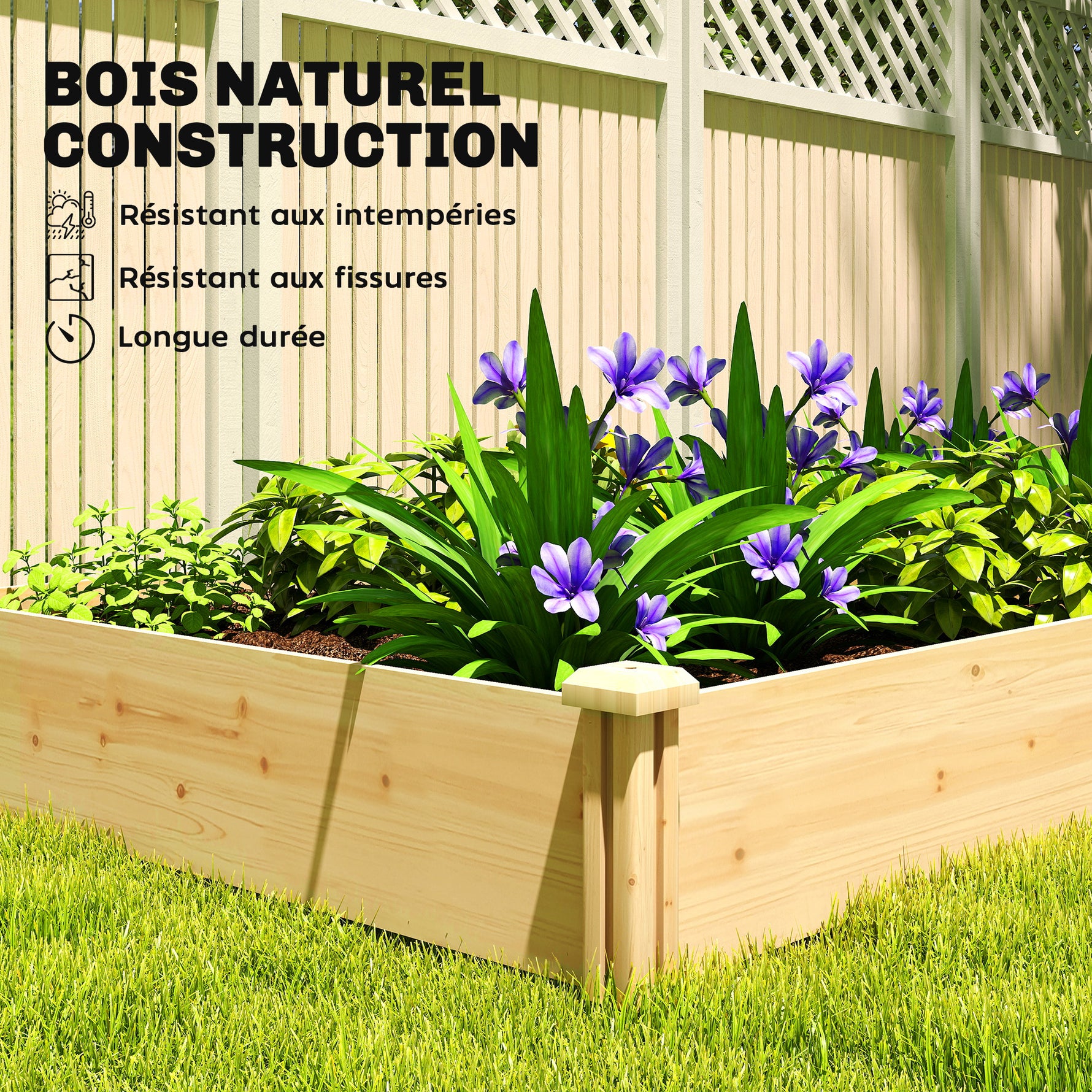 Carré Potager de jardin en Bois massif, Jardinière Surélevé avec séparateur, 235 x 121 x 26 cm, effet Bois Naturel