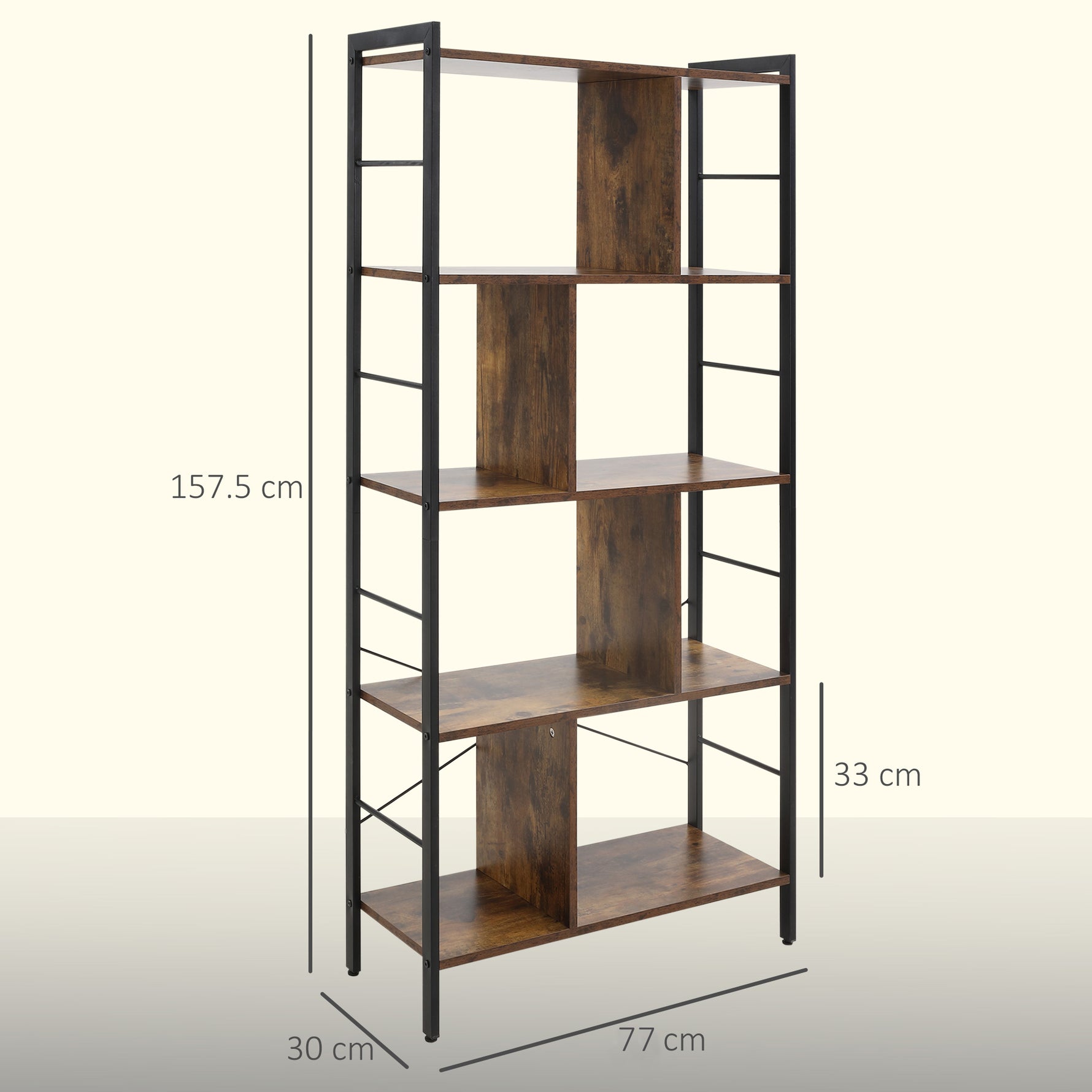 Bibliothèque étagère de rangement à 5 niveaux avec compartiments ouverts 74 x 30 x 157,5 cm brun rustique et noir