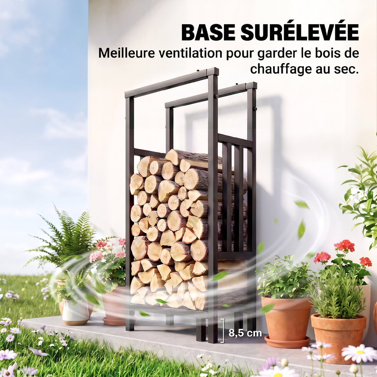 Range Bûches en Acier, Largeur & Hauteur Réglables, Étagère pour Bois de Cheminée, Charge 100 kg, 75,5x25x170cm, Noir