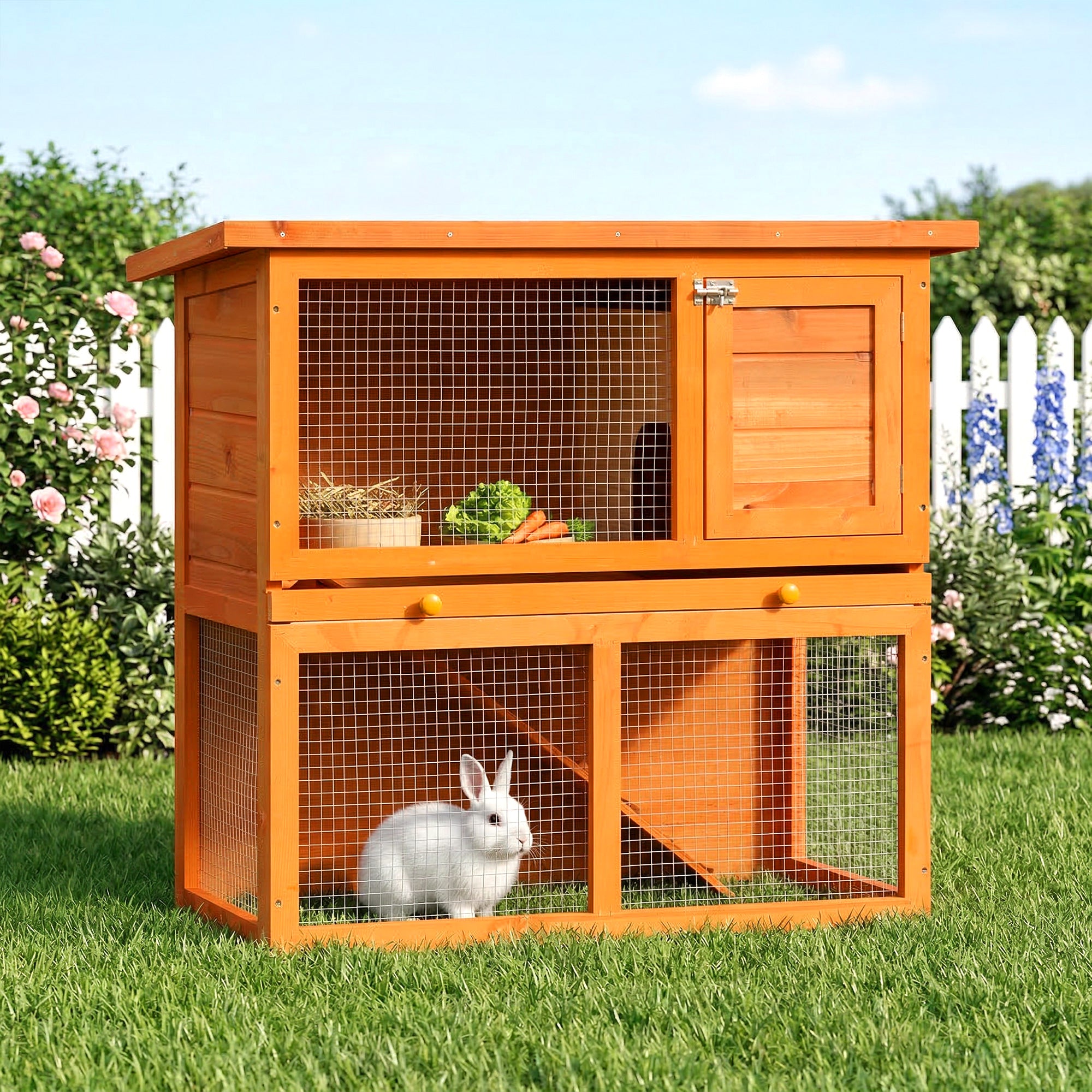 Clapier à lapin cage à lapin 2 étages plateau coulissant rampe et toit ouvrant 90L x 45l x 80H cm