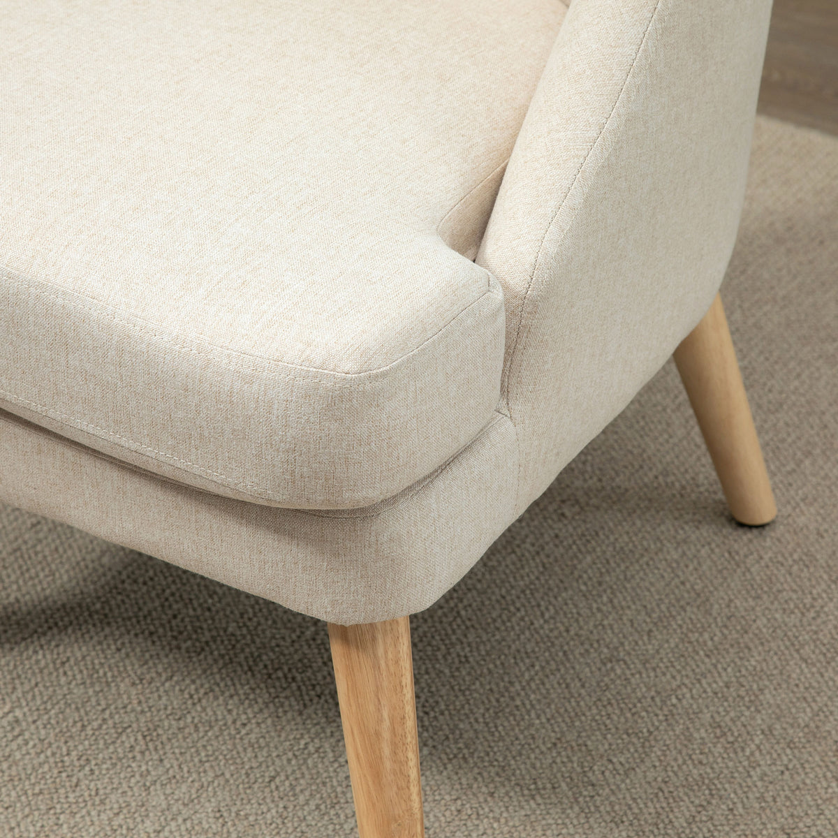 Fauteuil Scandinave Confortable pour Salon et Chambre, Pieds en Bois Massif, Revêtement en Tissu Lin, Beige