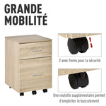 Caisson de bureau caisson de rangement mobile 2 tiroirs 5 roulettes en panneau de particules 39,5 x 39 x 58,5 cm