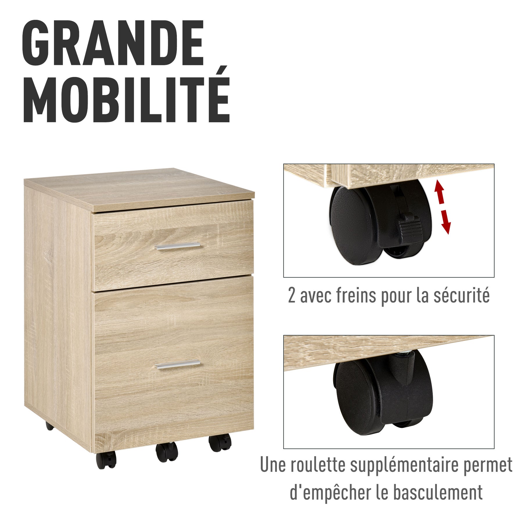 Caisson de bureau caisson de rangement mobile 2 tiroirs 5 roulettes en panneau de particules 39,5 x 39 x 58,5 cm